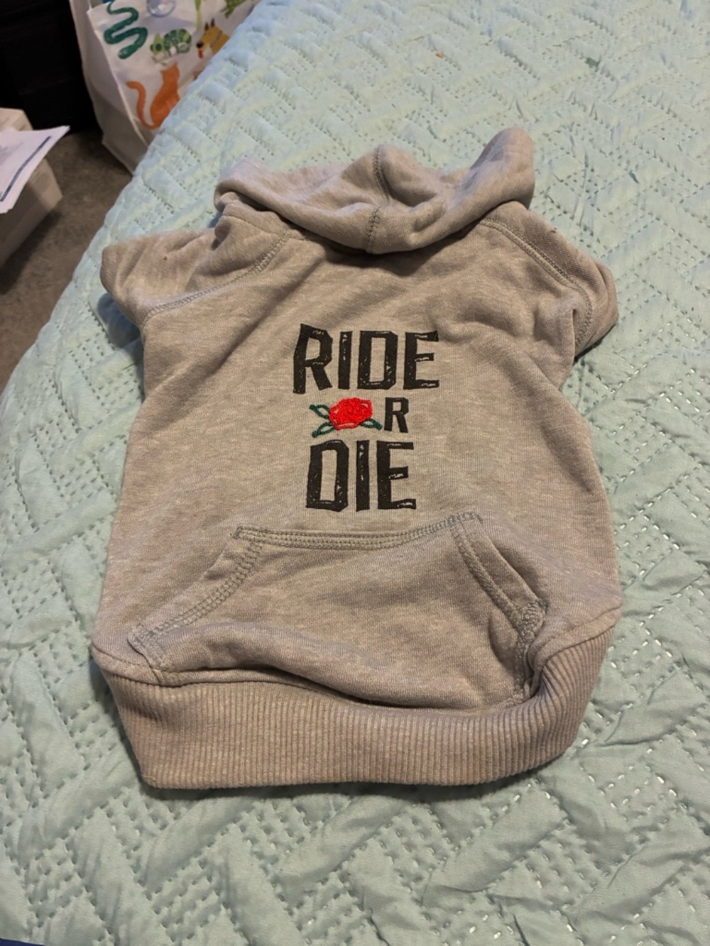 Ride or Die Dog Hoodie with Rose Graphic - Gray